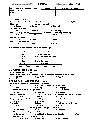 Đề kiểm tra một tiết môn Tiếng Anh Khối 7 - Năm học 2018-2019